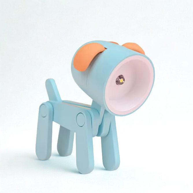 Toy dog with a round head and light blue body on a white background