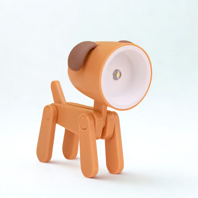 Dog-shaped lamp with a brown body and white light bulb on a light blue background