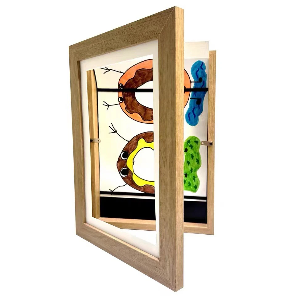 Wooden picture frame with colorful butterfly illustrations on a white background