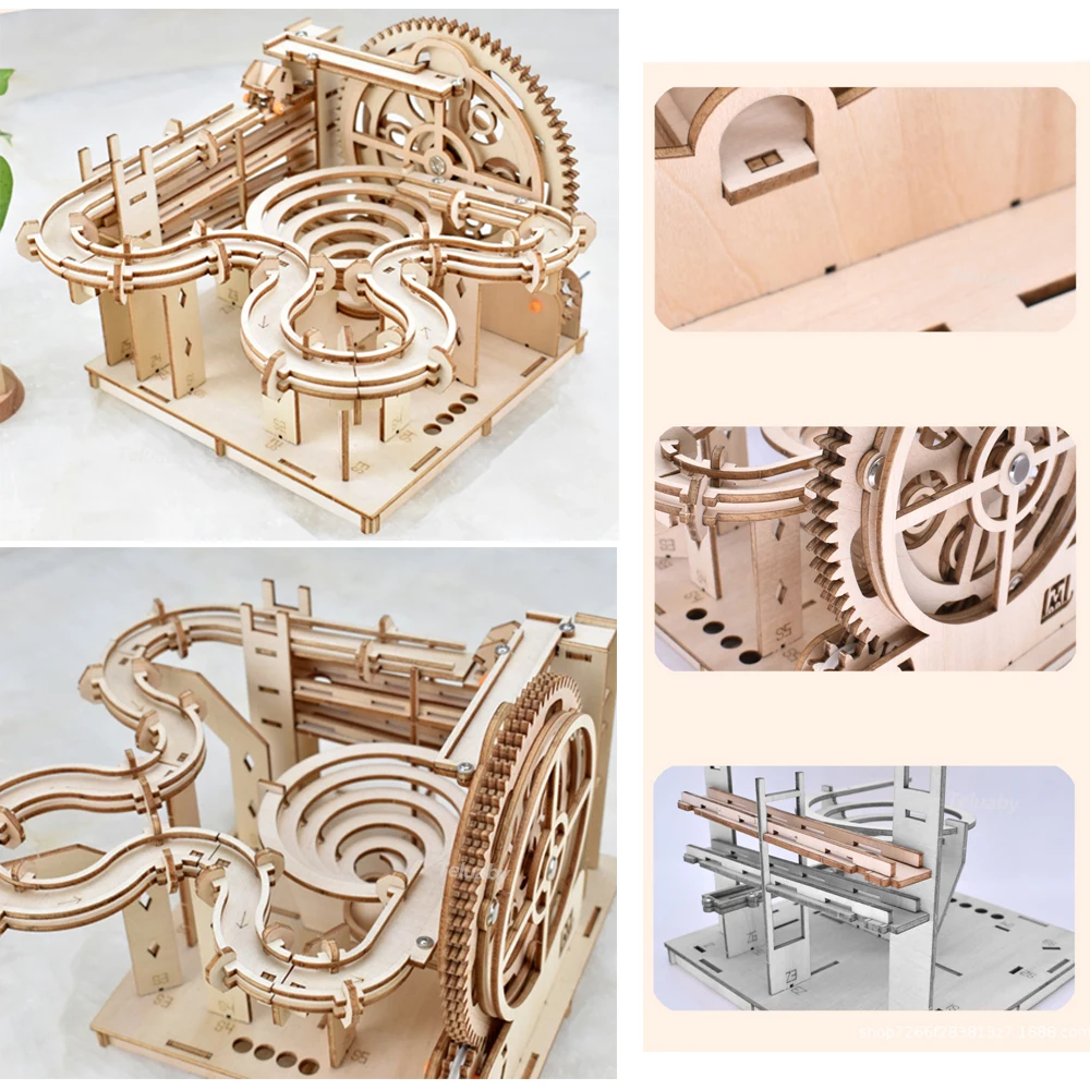 Collage of wooden mechanical model puzzle with gears and tracks.