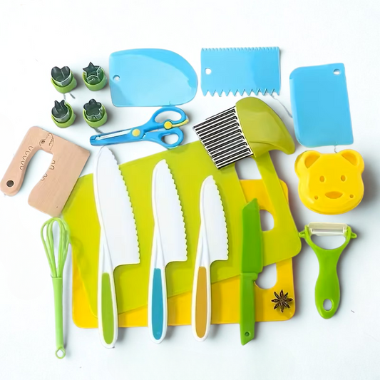 Set of colorful kitchen utensils including knives, cutting boards, and tools on a white background