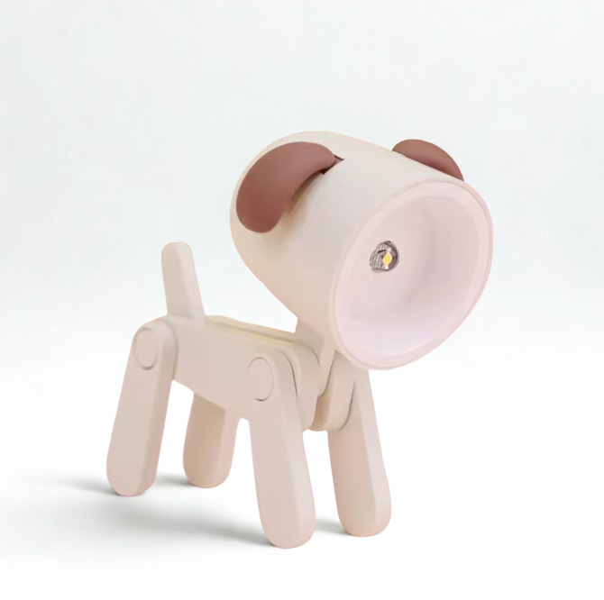 Dog-shaped night light with a white body and brown ears on a light gray background