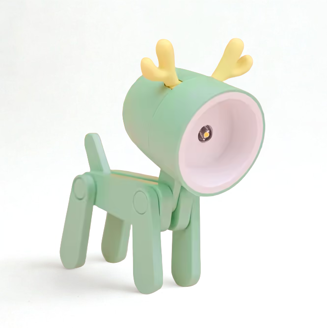 Green toy deer with yellow antlers on a white background