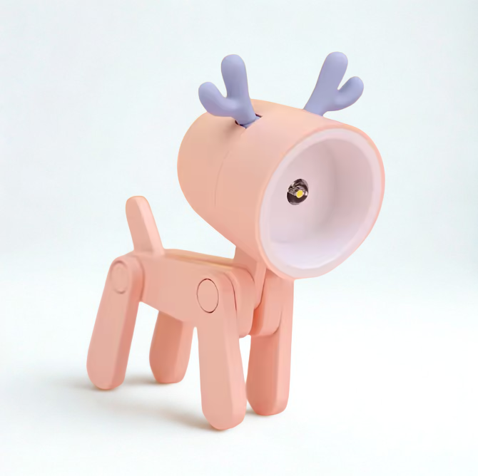 Pink reindeer-shaped lamp on a light gray background