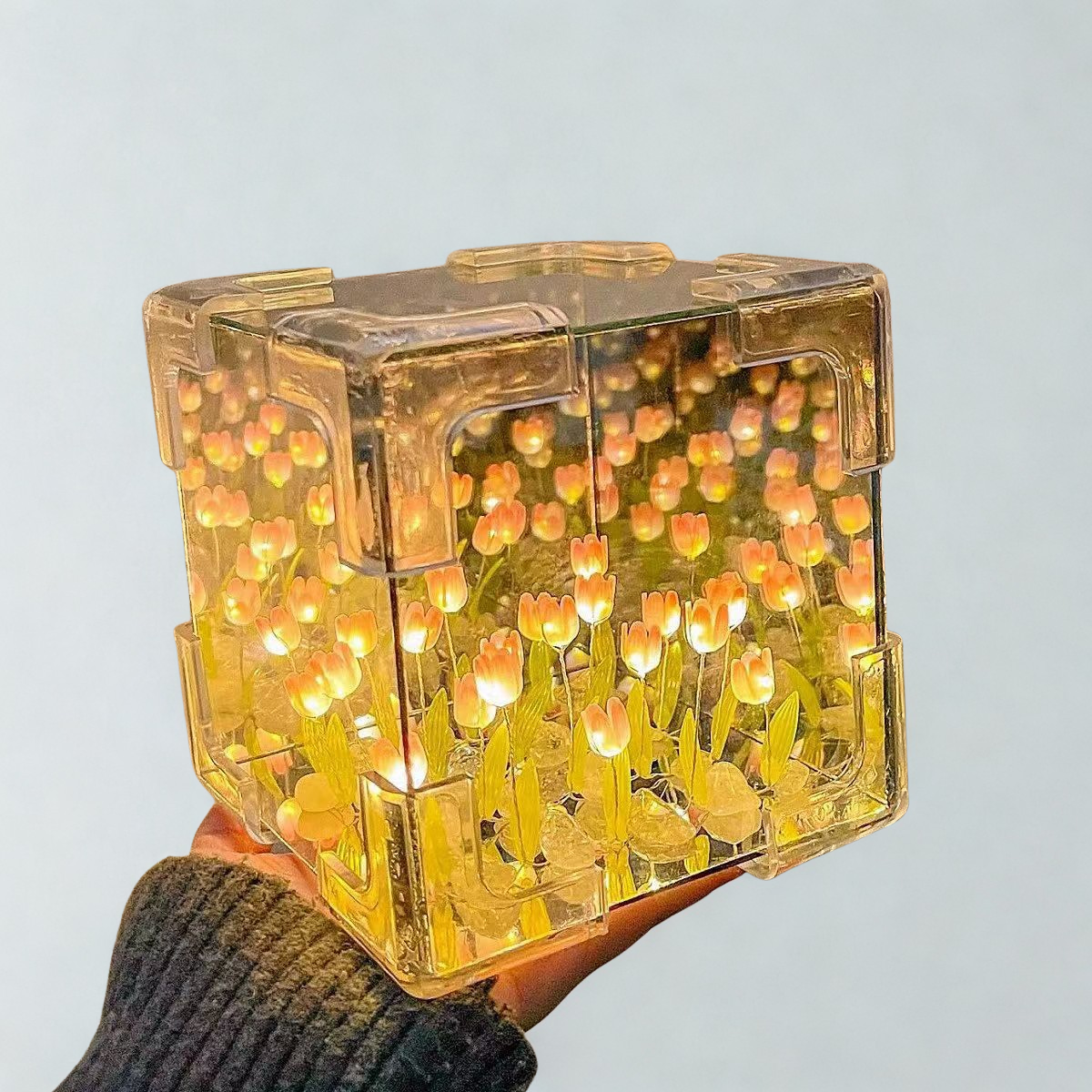 Transparent cube light with tulip design held by a person against a light gray background
