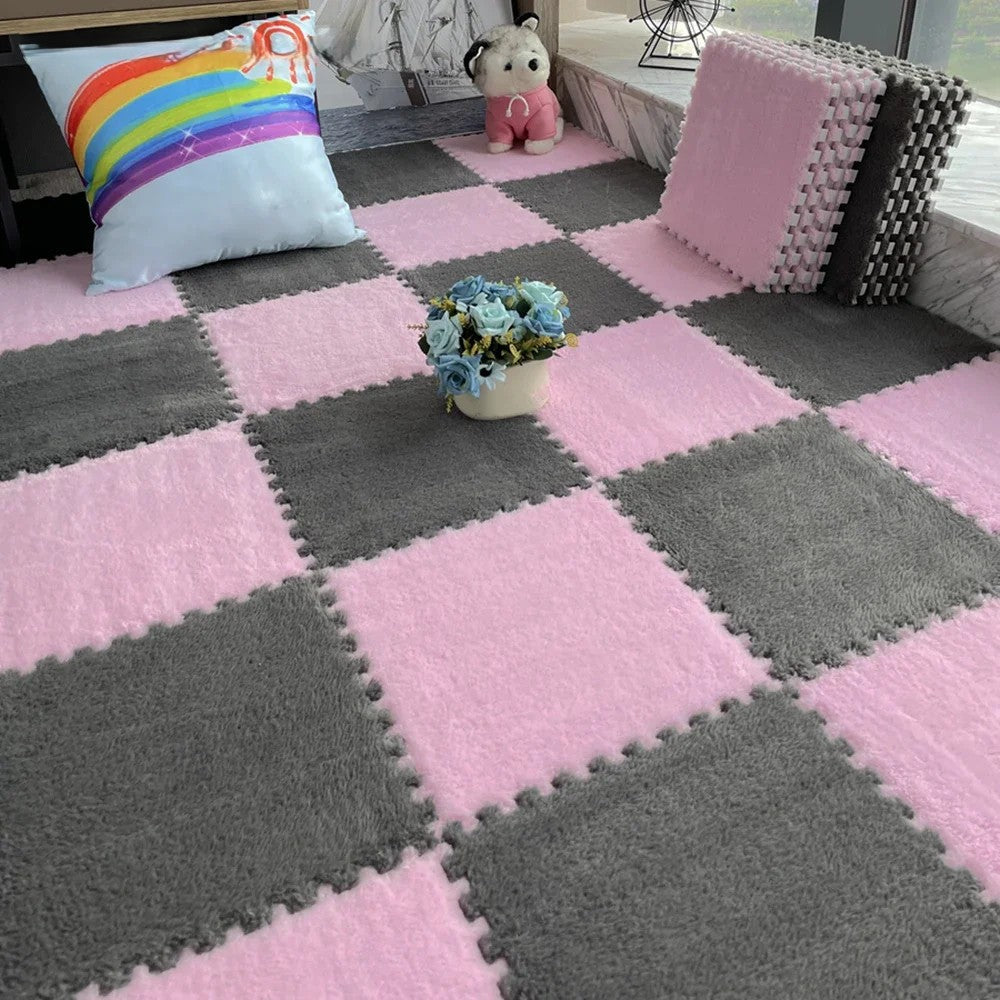 Soft Fluffy Carpet Puzzle Tiles – Interlocking Floor Mats for Kids & Home Play Areas