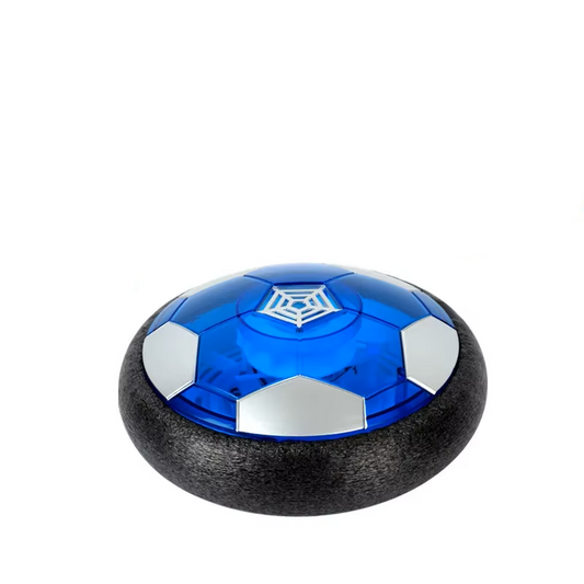 Blue and silver hover ball with spider web design on a white background