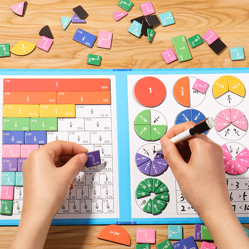  Educational fraction puzzle game with colorful pieces and a magnetic board being used by a child.