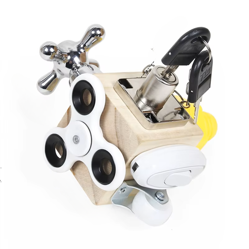 Wooden music box with mechanical components on a white background