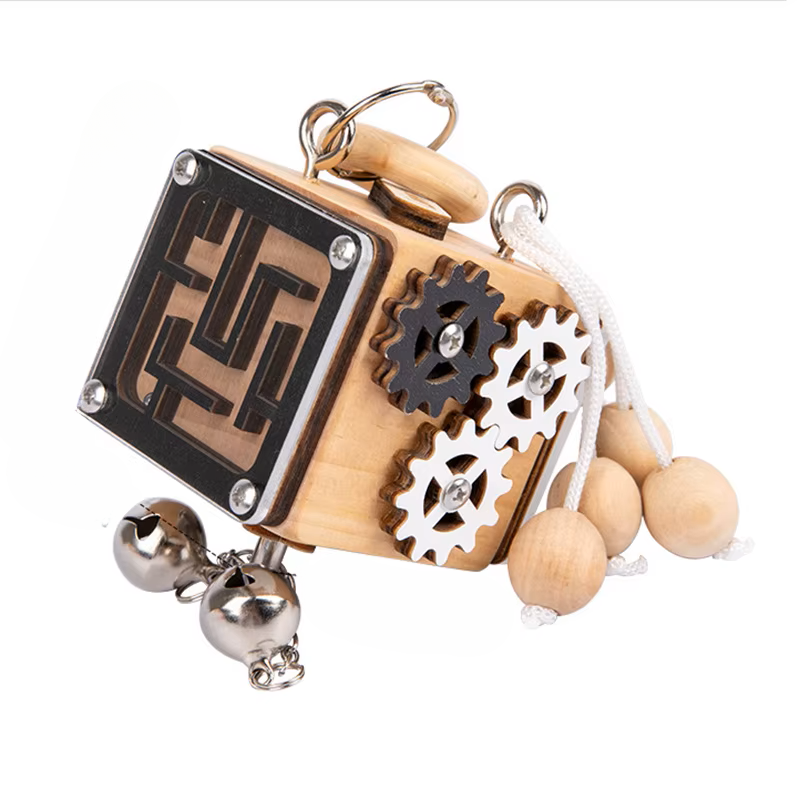 Wooden toy with gears and beads on a white background