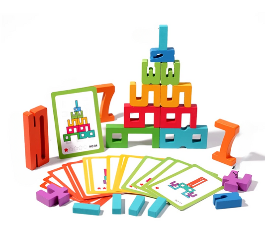 Colorful building blocks and cards on a white background