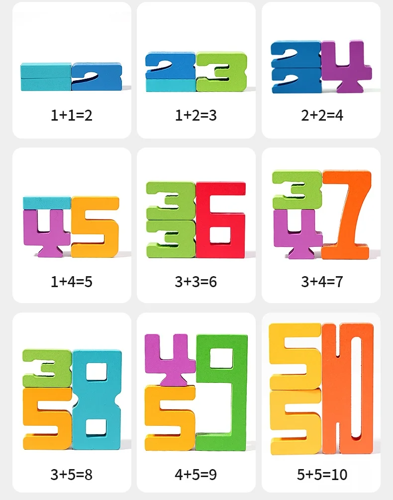 Colorful math puzzles showing addition problems and answers.