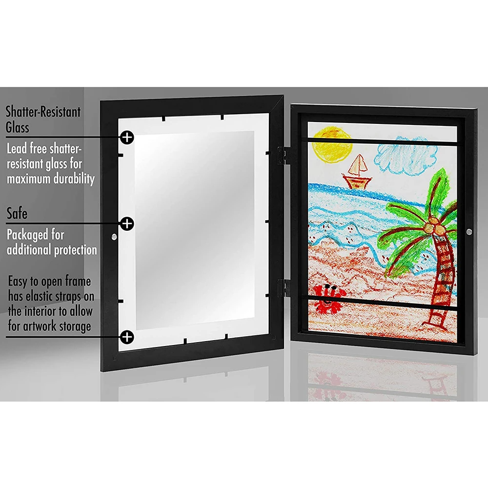 Shatter-resistant glass display case with a child's drawing of a beach scene.