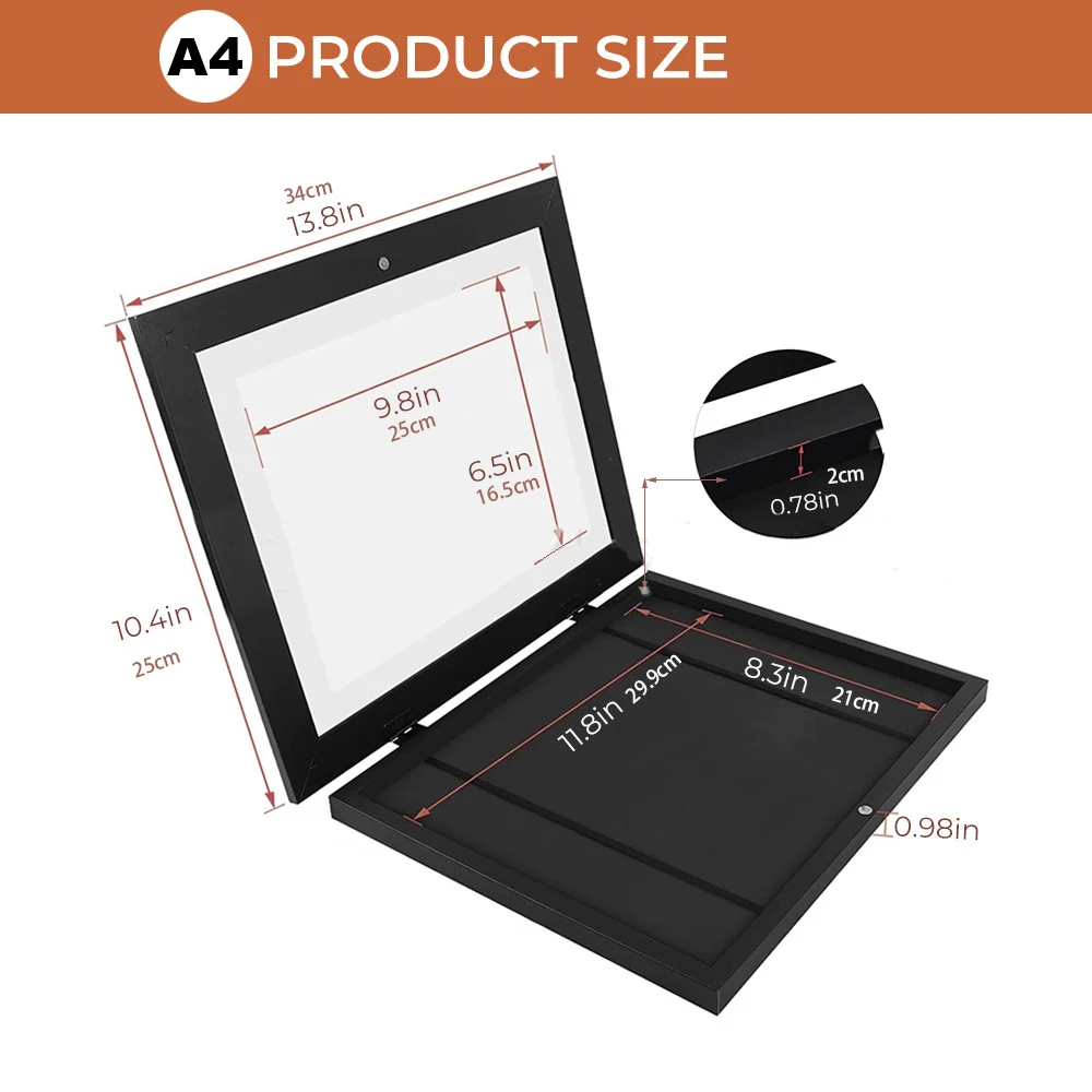 Black A4 product size measurement chart with dimensions labeled