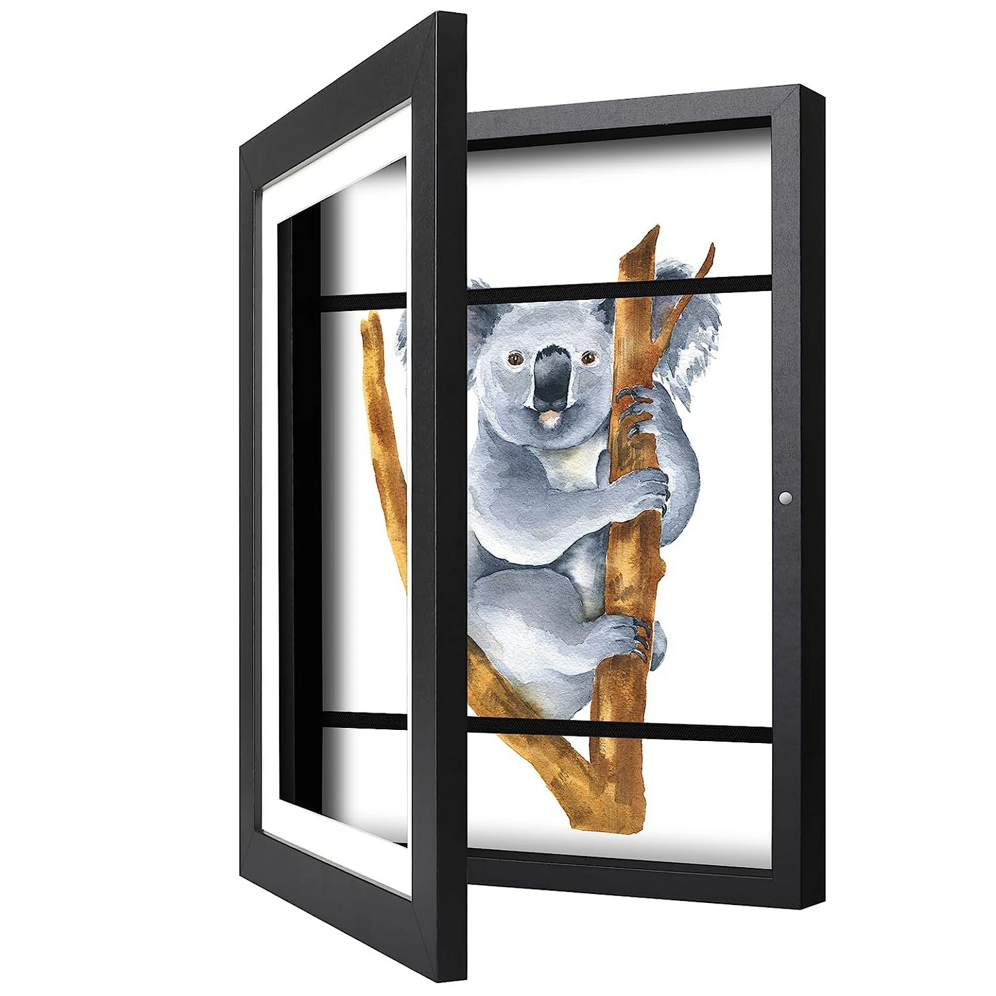 Framed artwork of a koala on a branch with a white background