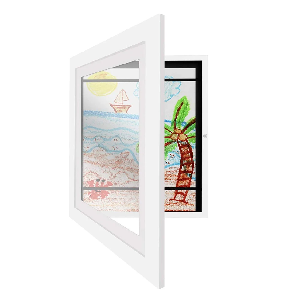 White window with two colorful drawings inside, one of a beach scene and the other of a palm tree.