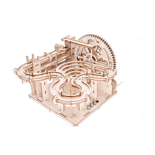 Wooden mechanical model with gears and tracks on a white background